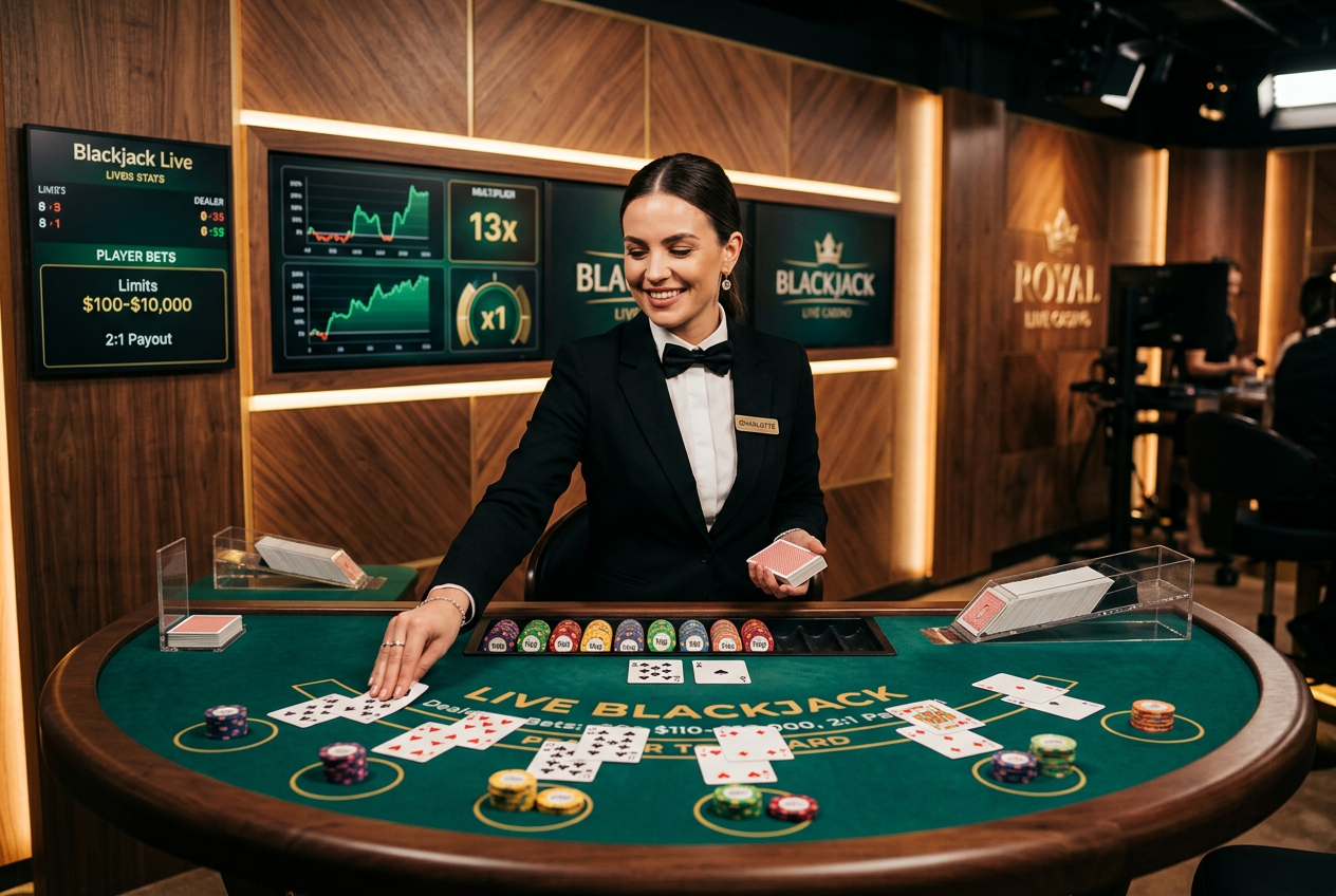 A professional live casino studio with a dealer