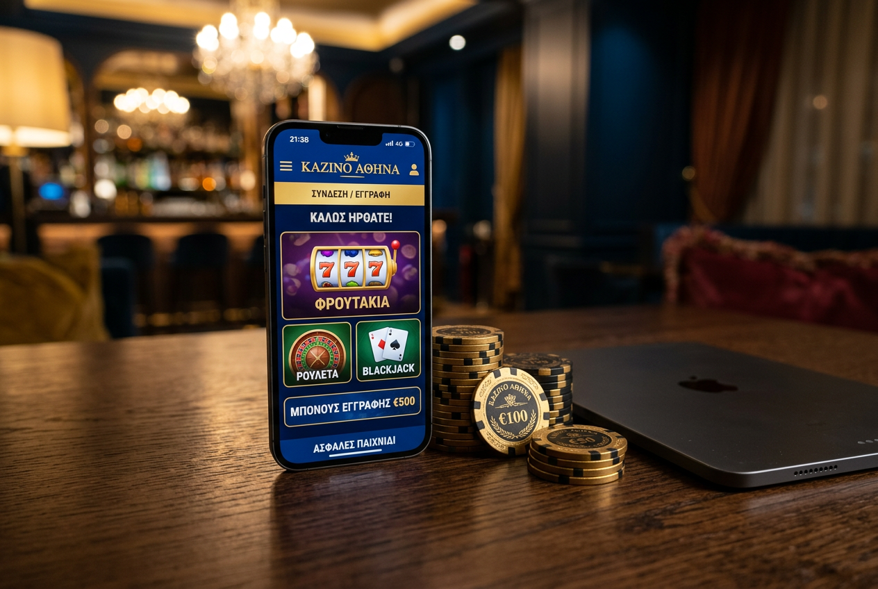 Modern digital casino interface with Greek currency icons on a smartphone.