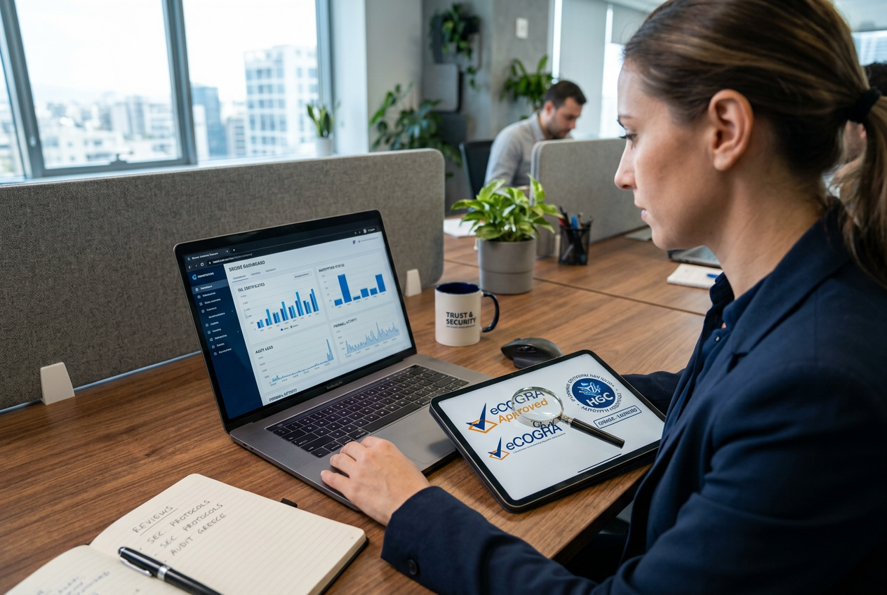 Professional reviewer inspecting a casino website for security certificates and license features.