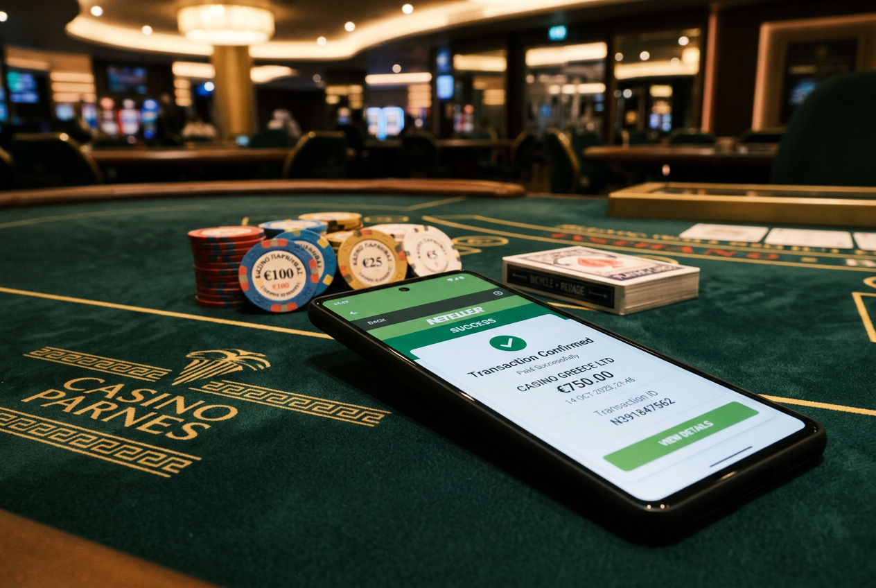 A luxury casino setting with a smartphone showing the Neteller logo.