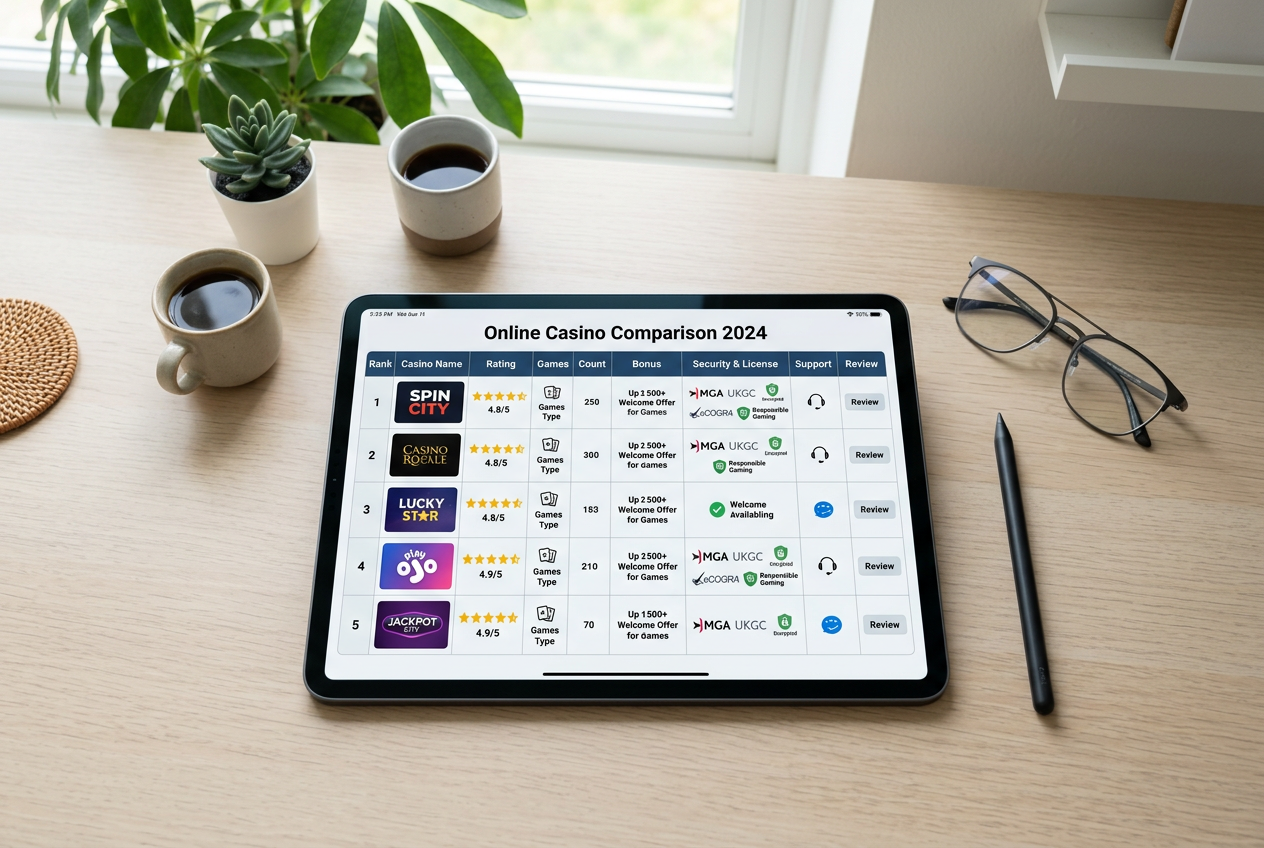 A professional setup with a tablet showing casino ratings and checklists.