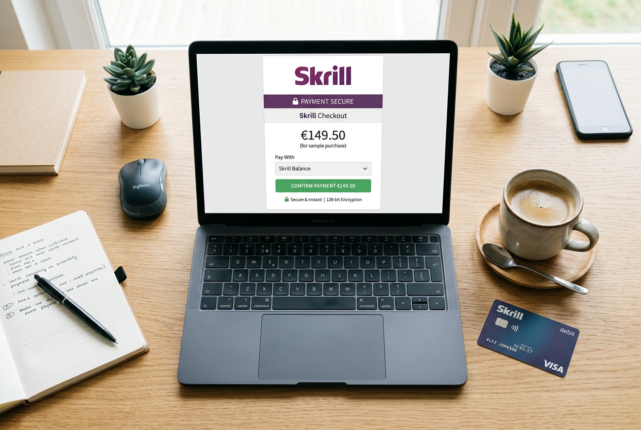 Μια εφαρμογή Skrill σε κινητό τηλέφωνο δίπλα σε μάρκες καζίνο
